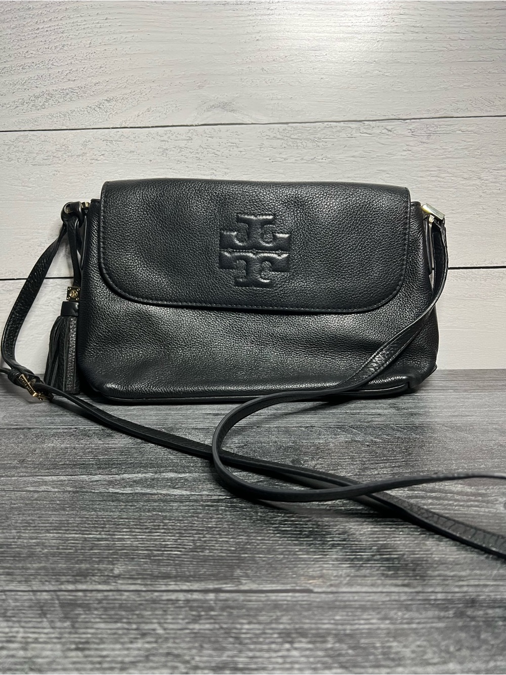 Tory Burch Black Pebbled Leather Logo Crossbody